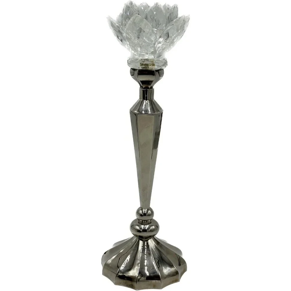 Vtg Godinger Silver Plate Candlestick Holder Lotus Water‎ Lily Crystal MCM Core